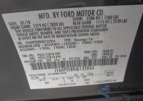 2018 Ford Taurus Sel из США, поврежденный, VIN 1FAHP2E89JG135954